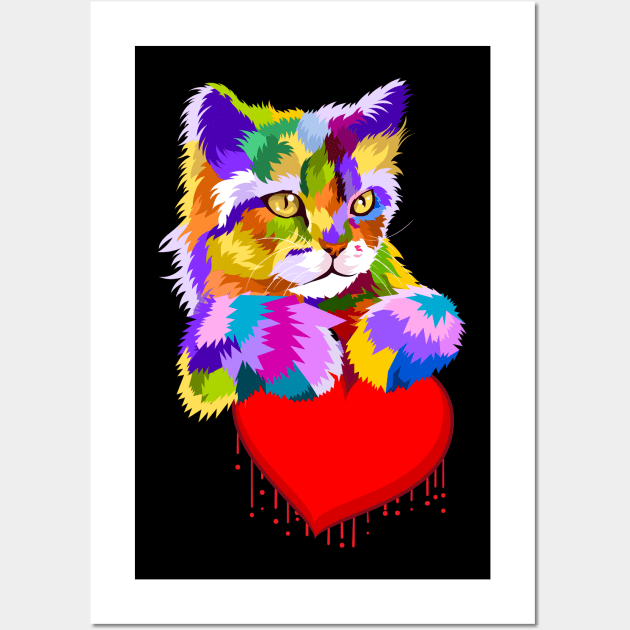 Colorful Cat Dripping Heart Gift for kittens Lovers Wall Art by FabulousDesigns